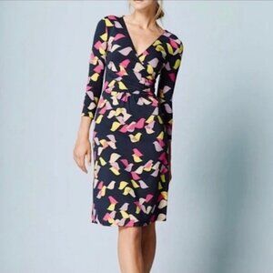 Boden Elena Faux Wrap Knit Dress - Navy with Partridge, Bird Print  -Pink Yellow
